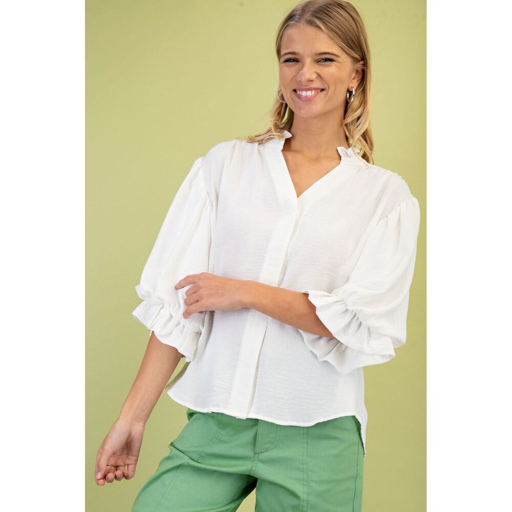 Gigio 3/4 Length Gathered Balloon Sleeve Blouse with a Rounded Back Yoke White L